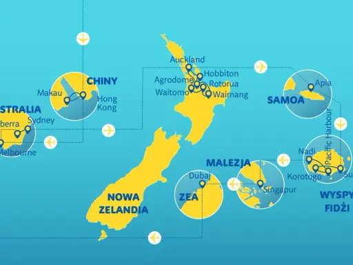 Mapa przedstawia podróż po wyspach Oceanii, z zaznaczonymi trasami lotniczymi do Australii, Nowej Zelandii, Samoa, Fidżi, Chin i Malezji.