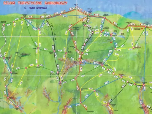 Karpacz jakie to góry? Mapa szlaków turystycznych Karkonoszy pokazuje malownicze trasy, w tym Sowią Dolinę i Śnieżkę.