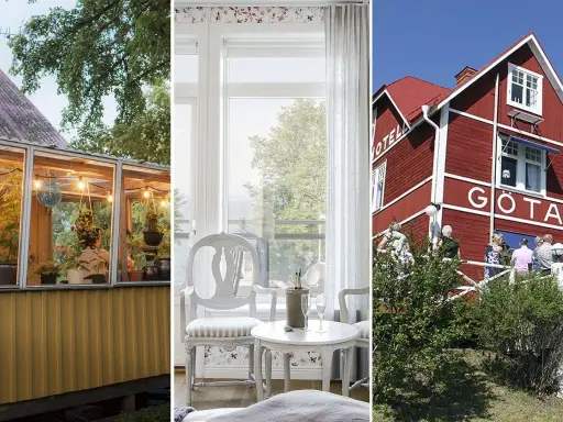 Gammaldags pensionat med växthus, elegant rum med utsikt och rött hus med texten "GÖTA".