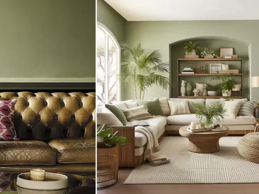 Un salon moderne et confortable avec des murs vert clair. Le cuir brun du canapé et les coussins aux motifs géométriques roses montrent quelle couleur va bien avec le vert clair.