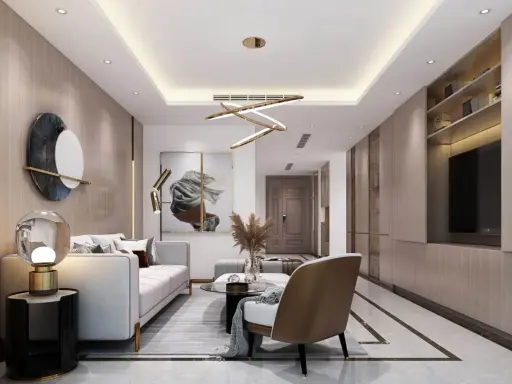 Nowoczesny salon z podwieszanym sufitem, który stanowi świetny pomysł na sufit w pokoju. Oświetlenie LED i designerska lampa dodają elegancji.