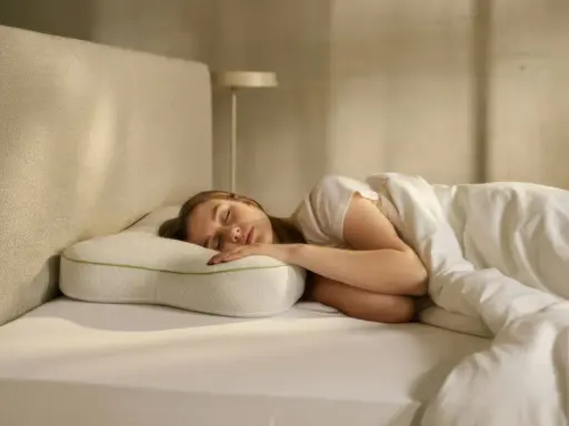 Junge Frau schläft tief und fest auf einem ergonomischen Kissen. Ein schnelles Hausmittel zum Einschlafen, das für erholsamen Schlaf sorgt.