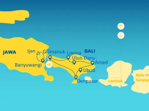 Mapa z trasą zwiedzania Bali: Jawa, Banyuwangi, Gilimanuk, Lovina, Ulun Danu, Amed, Ubud, Denpasar, Lombok.