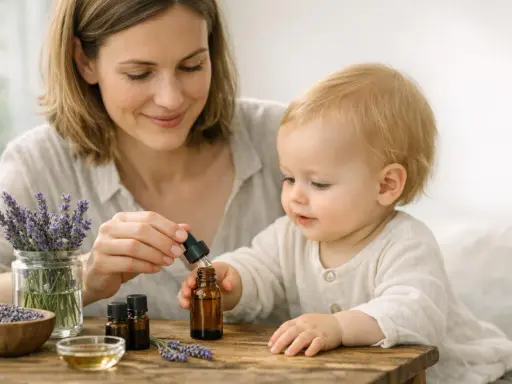 Une mère et son enfant découvrent les bienfaits de l'huile essentielle de lavande. Des brins de lavande fraîche et des petits flacons sont disposés sur une table en bois.