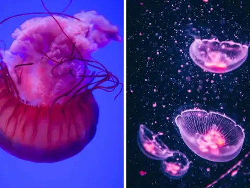 Due diversi tipi di meduse: una grande rosa su sfondo blu e altre più piccole e trasparenti su sfondo scuro.