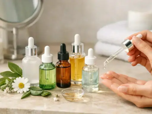 Plusieurs flacons de sérum, des plantes et une main testant une goutte. Difficile de savoir quel sérum choisir pour votre peau.