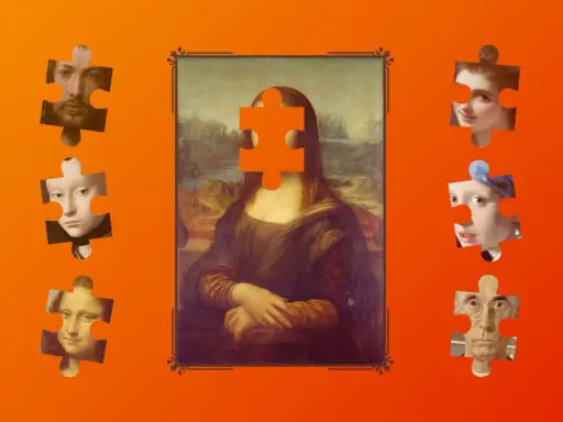 Mona Lisa z brakującym elementem twarzy, otoczona fragmentami innych obrazów. Czy to samospełniająca się przepowiednia sztuki?
