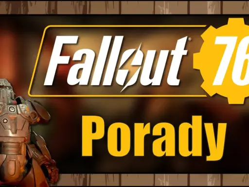 Postapokaliptyczny wojownik w pancerzu wspomaganym, logo Fallout 76 i napis "Porady". Sprawdź, czy Twój sprzęt spełnia fallout 76 wymagania.