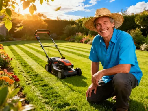 Un homme souriant, chapeau de paille, prêt à tondre la pelouse. Le soleil brille sur le jardin, les fleurs sont éclatantes. C'est le moment idéal pour savoir quand tondre la pelouse.