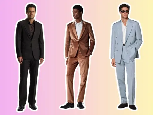 Three men showcase stylish cocktail attire: a dark suit, a velvet suit, and a light blue double-breasted suit.