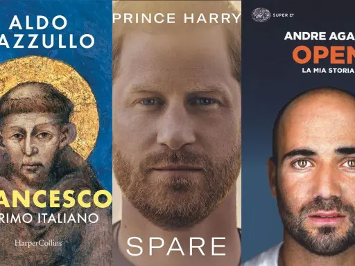 Copertine di biografie da leggere: "Francesco, il primo italiano" di Aldo Cazzullo, "Spare" di Prince Harry e "Open" di Andre Agassi.