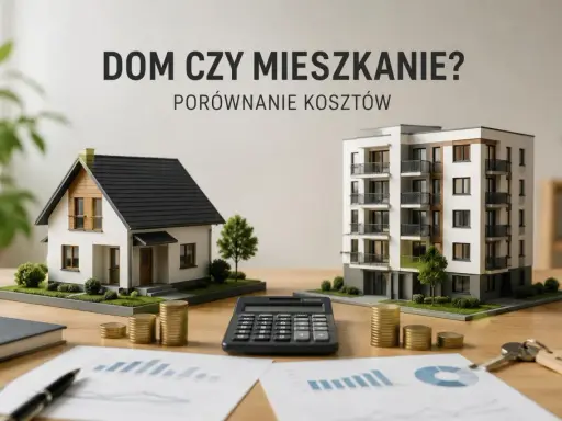 Porównanie kosztów: dom czy mieszkanie? Na stole modele domów, pieniądze, kalkulator i dokumenty.