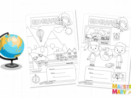Copertina geografia classe seconda con disegni di un mappamondo, paesaggi, bambini e farfalla.