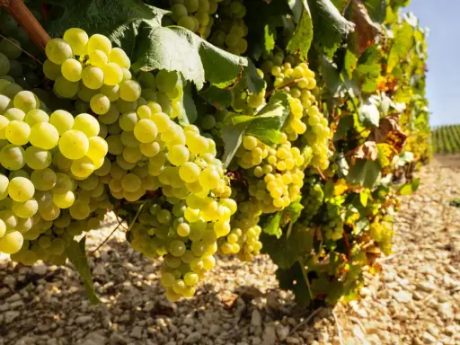 Reife Chardonnay-Trauben hängen an einem Rebstock. Diese Chablis-Rebsorte reift unter der Sonne und verspricht einen köstlichen Wein.
