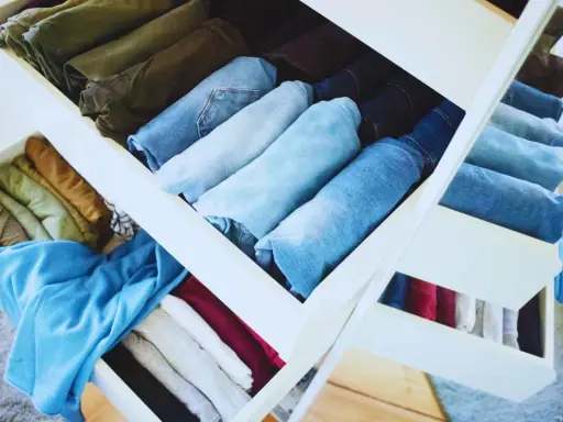 Cajones de armario organizados tras una **limpieza de armario**. Ropa doblada y ordenada por color y tipo, predominan los vaqueros y prendas en tonos tierra y azules.