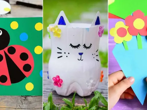 Manualidades primavera infantil: mariquita en cartulina, gatito con botella reciclada y ramo de flores de papel.