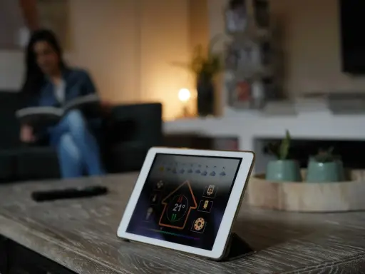 Tablette affichant l'interface pour installer un thermostat connecté. Une femme lit sur le canapé en arrière-plan.