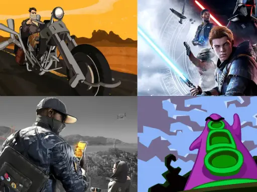 Czteroczęściowy kolaż z grafikami z gier. W lewym górnym rogu motocyklista w pustynnym krajobrazie. W prawym górnym rogu postacie z gry Star Wars Jedi: Fallen Order. W lewym dolnym rogu mężczyzna z telefonem i mostem Golden Gate w tle. W prawym dolnym ...
