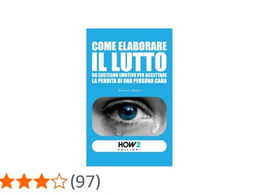 Copertina di un libro intitolato "Come elaborare il lutto", con un occhio che piange. Offre un sostegno emotivo per accettare la perdita.
