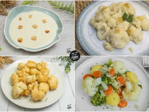 Cuatro deliciosas recetas con coliflor: crema, rebozada, frita y al vapor con verduras. ¡Un mundo de sabor!