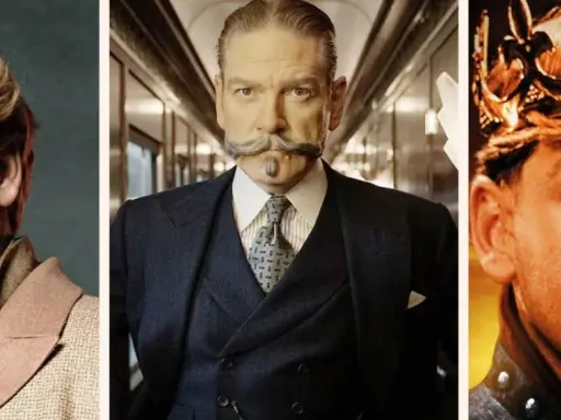 Kenneth Branagh in tre ruoli iconici: un sorriso radioso, l'ispettore Poirot e un re incoronato.