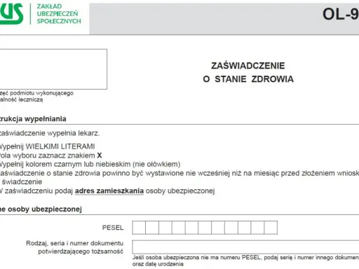 Formularz ZUS OL-9, zaświadczenie o stanie zdrowia, potrzebne do ubiegania się o rentę chorobową. Wypełnia lekarz.