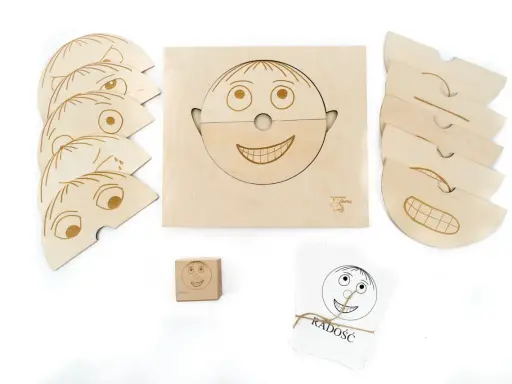 Drewniane klocki i karty do nauki emocji dla przedszkola. Zestaw zawiera elementy do tworzenia twarzy, kostkę z buźką i karty z napisem "RADOŚĆ".