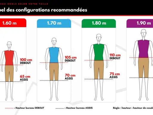 Guide visuel des configurations : la norme hauteur poste de travail debout varie selon votre taille, de 100 cm à 115 cm.