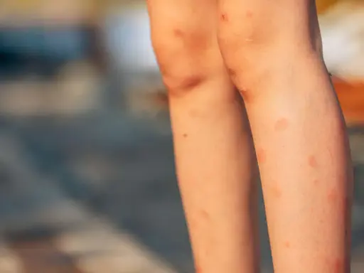 Jambes d'enfant couvertes de rougeurs, un bouton de moustique qui ne part pas, avec quelques éraflures sur les genoux.
