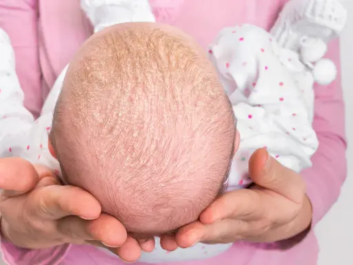 Babykopf mit Schuppen, Anzeichen von trockener Kopfhaut bei Babys.