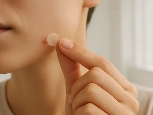 Une main applique un patch boutons sur une peau.