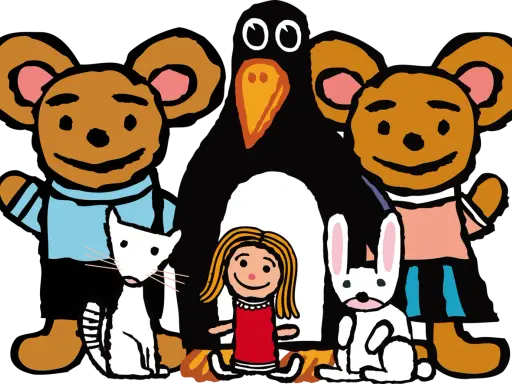 En glad grupp figurer från ett pino barnprogram: två björnar, en pingvin, en flicka, en vit katt och en vit kanin.