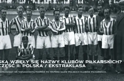 Drużyna piłkarzy w pasiastych strojach z lat 30. XX wieku. Odkryj, skąd wzięły się wymyślone nazwy klubów piłkarskich w Polsce.