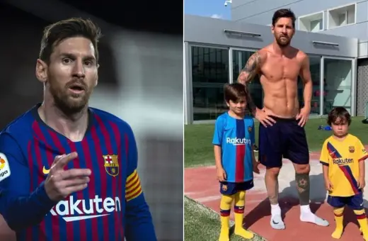 Messi waga: piłkarz w stroju Barcelony i z synami na boisku.