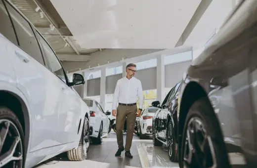 Elegancki mężczyzna w okularach wybiera nowe auto do miasta w salonie samochodowym. Wokół lśniące pojazdy.