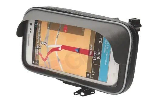 Telefon z nawigacją GPS w wodoodpornym etui na kierownicę motocykla.