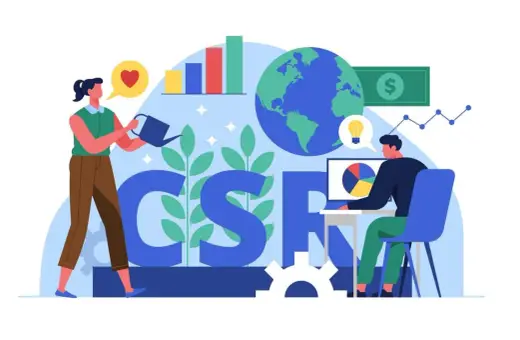 Kobieta podlewa rośliny, symbolizując troskę o przyszłość. Obok mężczyzna analizuje dane na komputerze. To ilustracja pokazująca, czym jest CSR – odpowiedzialność społeczna biznesu.