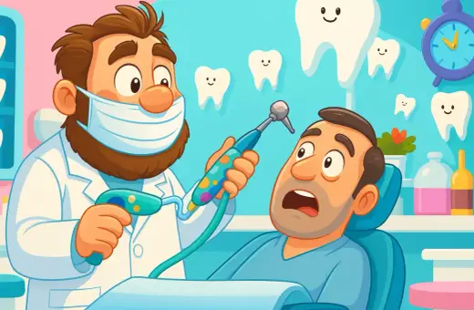 Dentysta w masce przygotowuje się do borowania zębów przerażonego pacjenta. W tle uśmiechnięte ząbki i zegar.
