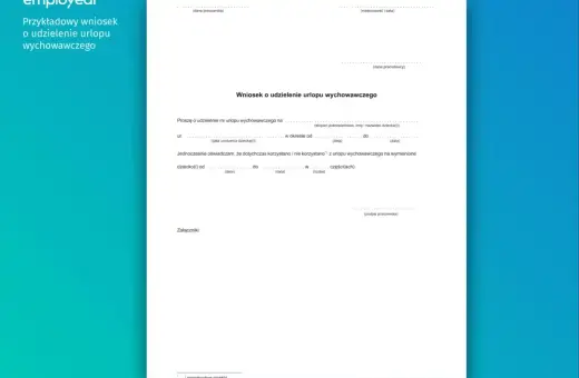 Wniosek o urlop wychowawczy. Dokument zawiera pola do wypełnienia dotyczące daty urodzenia dziecka, okresu urlopu oraz informacji o korzystaniu z urlopu wychowawczego, a nie urlopu wypoczynkowego.