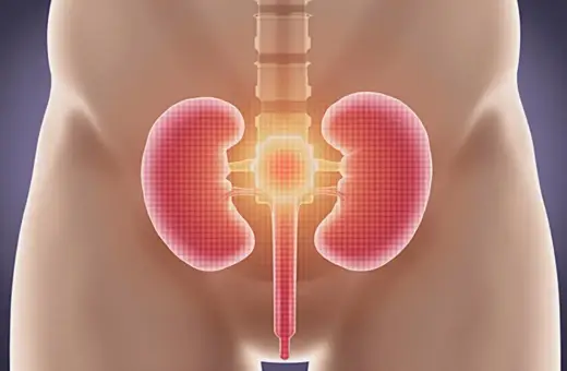 Anatomia układu moczowego z nerkami i pęcherzem. Ilustracja pokazuje, jak rozpuścić kamień w pęcherzu moczowym.