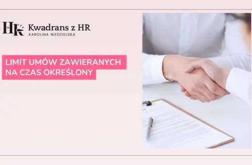 Uścisk dłoni symbolizuje zawarcie umowy. Na ekranie widoczny jest tekst "LIMIT UMÓW ZAWIERANYCH NA CZAS OKREŚLONY".