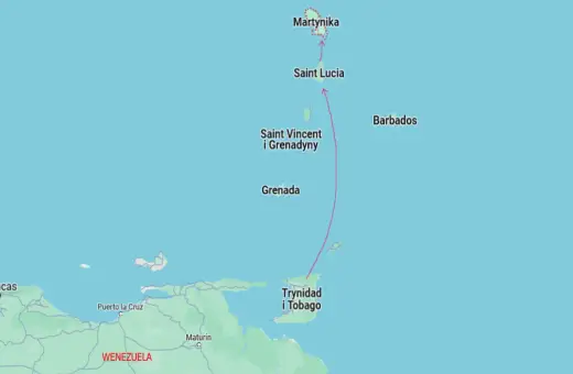 Mapa Karaibów: Martynika leży na północ od Saint Lucia, Saint Vincent i Grenadyn, Grenady oraz Trynidadu i Tobago, blisko Wenezueli.