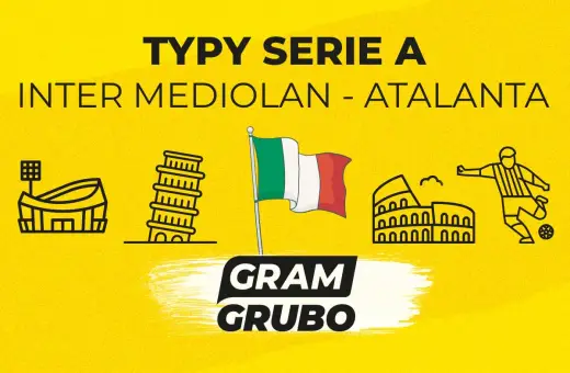 Typy Serie A: Inter Mediolan - Atalanta. Grafika z ikonami włoskich zabytków i piłkarzem.
