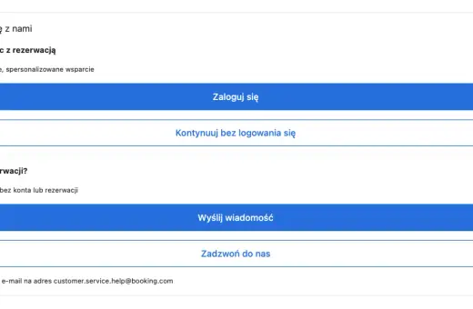 Formularz kontaktowy Booking.com. Możesz zalogować się, kontynuować bez logowania lub wysłać wiadomość, jeśli masz problem z rezerwacją lub reklamacją.