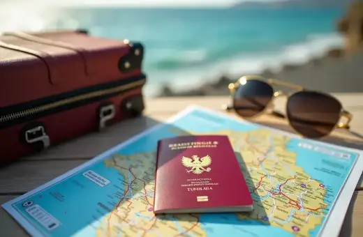 Walizka, mapa, okulary i paszport. Czy do Tunezji potrzebny paszport? Tak, do podróży do Tunezji potrzebny jest paszport.