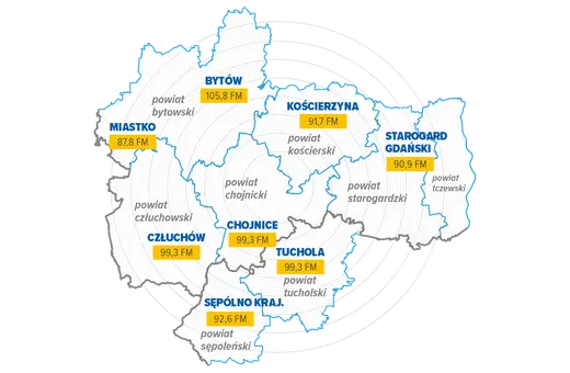 Mapa powiatów z częstotliwościami radiowymi. Słuchaj ulubionych audycji zk fm w Miastku (87,8 FM), Bytowie (105,8 FM) i innych miastach.