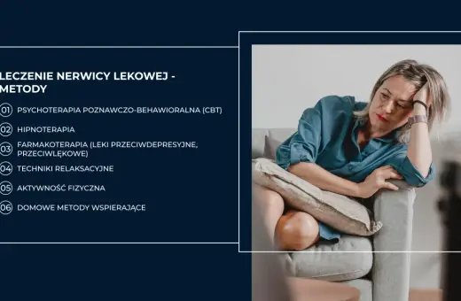 Kobieta siedzi na kanapie, zamyślona. Obok lista metod, jak leczyć nerwicę: psychoterapia, hipnoterapia, farmakoterapia, relaksacja, aktywność fizyczna, metody domowe.