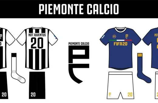 Stroje piłkarskie Piemonte Calcio: czarno-białe w paski i granatowe. Numery 20 i logo FIFA20.