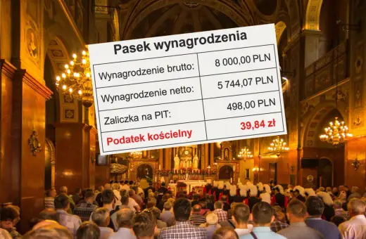 Pasek wynagrodzenia z kwotą 39,84 zł na podatek kościelny na tle wnętrza kościoła z wiernymi.