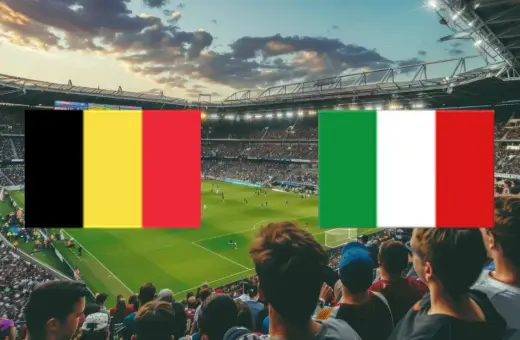 Stadion pełen kibiców, na murawie mecz, a nad nimi flagi **Belgia – Włochy**.